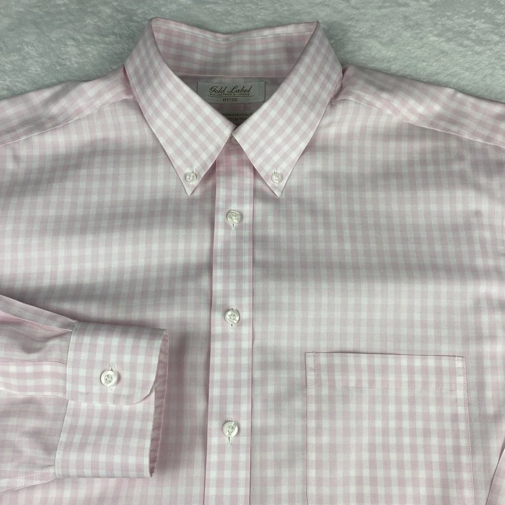 Roundtree & Yorke Gold Label Dress Shirt Mens 16.5-33 Pink/White Checks Fitted